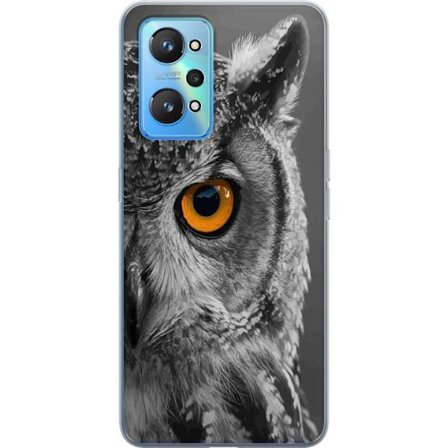 Yhteensopiva Puhelinkuori Realme GT Neo2 Mustavalkoinen lähikuva pöllöstä, jossa on voimakkaan oranssi silmä ja yksityiskohtainen sulan rakenne.