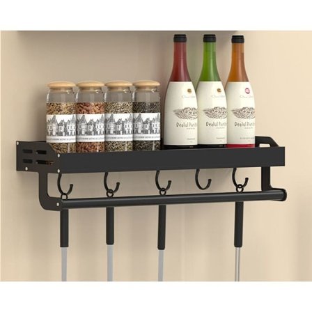 Alumiini/ruostumaton teräs keittiöhylly ilman porausta - 30CM - Maustehylly tangolla, jossa 5 koukkua - Musta (välineet eivät sisälly) KLB