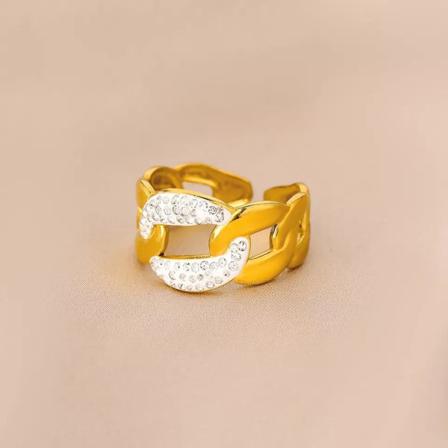 Stor Ring Med Strass Och Kedja Lyxig Hiphop Stil Rostfritt Stål Guld One Size