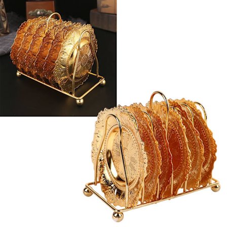 7-delt sett med glitrende metallunderlag med holder, europeisk stil, påfuglmønster, metallunderlag for bord til banketter