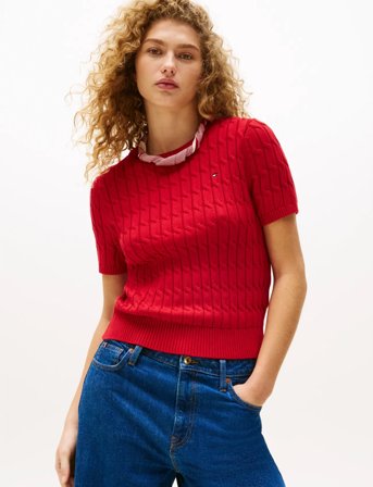 Tommy Hilfiger Co Cable Mid Gg S/S C-Nk Swt - Red - L