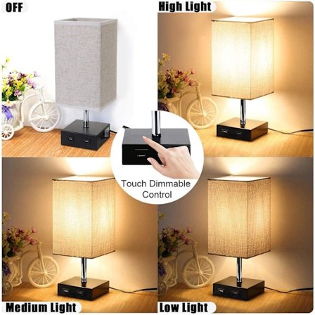 Dimmable 2 Usb Touch Bedside Lamp With E27 Bulb Beige Fabric Shade Table Lamp For Bedside Bar Bedroom Living Room Hotel Cafe Children's Room Living Ro