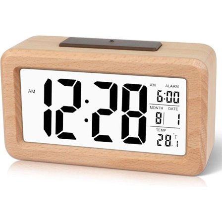Enkel Træ Digital Vækkeur med Temperatur, Digital Vækkeur, Dato, Baggrundsbelysning, Snooze, til Soveværelse, Sengebord, Hjem, Kontor, Stille