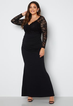Goddiva Curve Long Sleeve Lace Trim Maxi Dress Black Klær