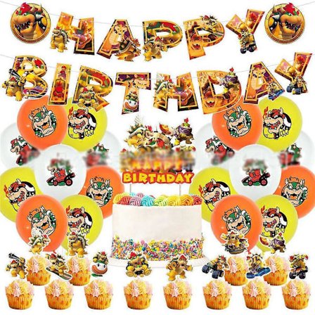 Super Mario Bros Bowser Koopa Tema Barnas Bursdagsdekorasjonssett Inkludert Ballongsett Banner Kake Topper Cupcakes Topper