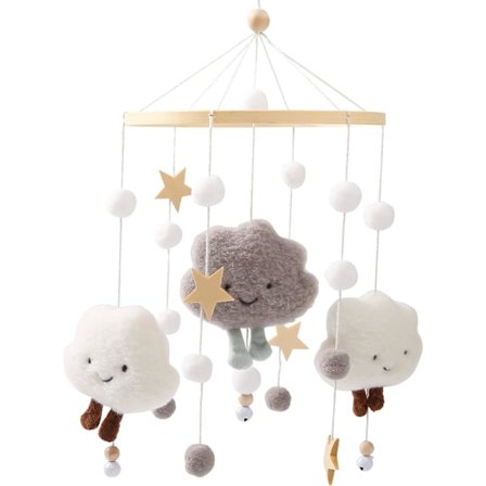 Baby Chime med Filtbollar Moln Stjärnor Baby Mobil Trämobil Baby Flicka Sängklocka Hänge för Upphängning Över Spjälsäng
