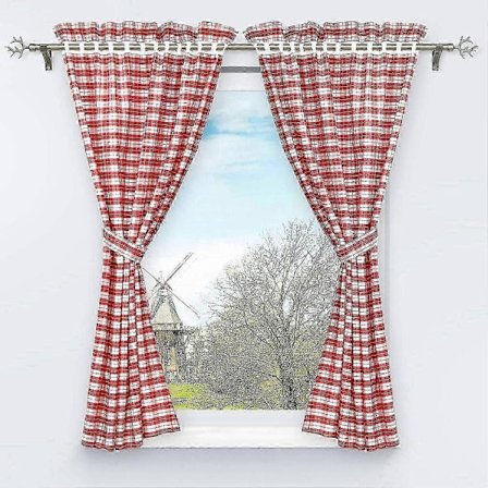 Sæt med 2 mørklægningsgardiner perforeret med 2 ternede vinduesdekorationer til indvendigt soveværelse rød H/B 120/80cm