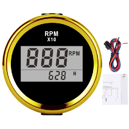 0‐9990 RPM Kierroslukumittari IP67 Vedenpitävä punainen taustavalo 52 mm / 2 tuuman LCD-näyttö 9‐32V Musta kellotaulu kultainen kansi