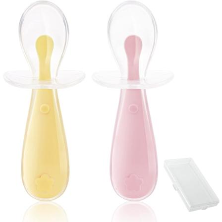 Silikonskje for baby(11,5*4,5cm,gul + rød),Ergonomisk babybestikk, skje, gaffel og preskje. Ideell læring av matdiversifisering, DME og selv-