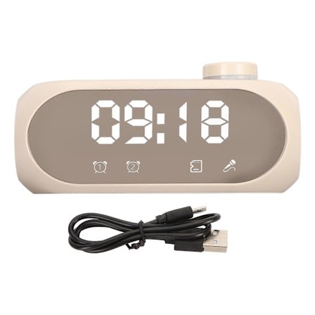 Trådlös Bluetooth-högtalare med RGB-belysning, stark bas, temperaturvisning, röstmeddelande, FM-radio och spegelväckarklocka, beige