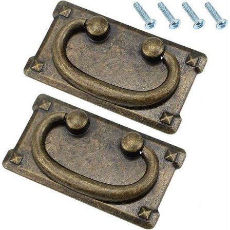 2 stk. Vintage rektangulære skuffegreb i antik messing til skab