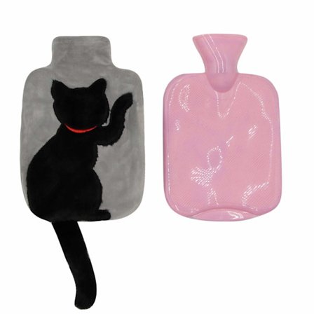 1 - Liters Varmvattenflaska i Gummi med Svart Katt Plyschöverdrag - Varm/Kall Terapi för Kramper & Smärtlindring