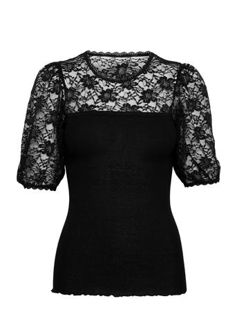 Silk T-Shirt Regular Ss W/ Lace Black Rosemunde