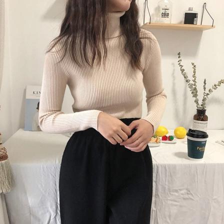 Kvinder strik efterår vinter sweater fortykket chic høj krave slim fit langærmet base Apricot 56*56cm