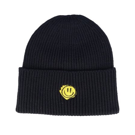 Lucid Smile - Noir cuff Bonnet - Trippy Smiley Black Recycled Oversized Cuff @ Hatstore