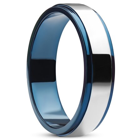 Ferrum | 6 mm Polished Blue & Silver-tone Stainless Steel Step Ring for Men - Steel rings