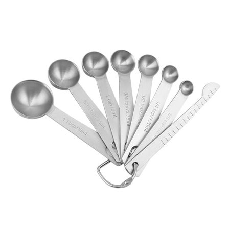 Sæt med 8 Runde Måleskeer i Rustfrit Stål med Praktisk Nivelleringsværktøj