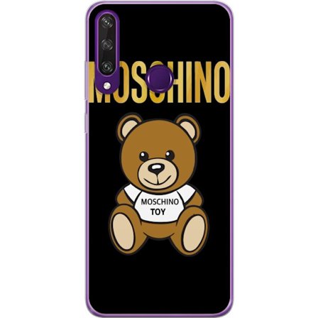 Kompatibelt Mobilskal till Huawei Huawei Y6p Moschino-inspirerad nallebjörn med text på tröjan, centrerad mot svart bakgrund med tydlig mode- och p