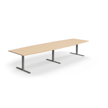 Konferenztisch QBUS, Bootsform, 4000x1200 mm, T-Gestell, silber/Eiche