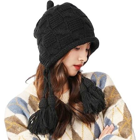 Peruansk lue for kvinner, strikket heklet Laplander-lue med dusker, øreklaff, trapper-bomberlue, varm slouchy skull beanie-lue, boblelue