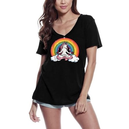 T-shirt med v-ringad dam Rolig Unicorn Rainbow Yoga - Andlig Meditation – Rolig Enhörning Rainbow Yoga - Andlig