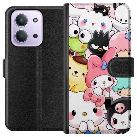 Kompatibelt Lommeboketui til Xiaomi Redmi 15C Tett mønster av søte figurer med store øyne i ulike farger og uttrykk med LABUBU-tekst