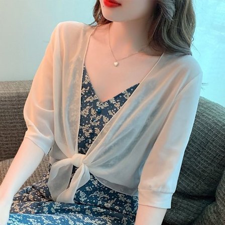 Halvärmad Chiffongsjal Tunn Kort Cardigan VIT XL