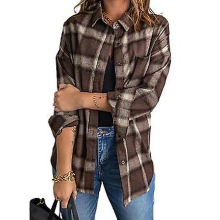 /EA/ Dam Blus Höst Pojkvänsstil Tunika Topp (M Brun)