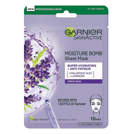 Garnier Skin Active Moisture Bomb Lavender Sheet Mask 1 stk., Skincare, Masker, Fugtmasker