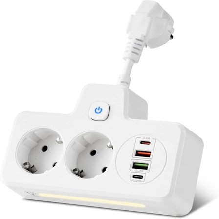 EU-stik Stikdåse Stikkontakt PD QC3.0 Oplader Multi Tap USB Opladningshub med Afbryder Hvid Høj Kvalitet