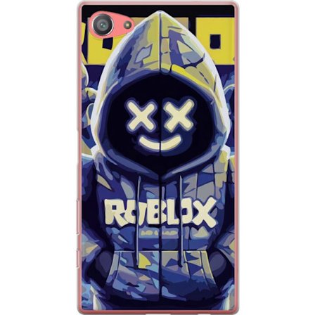 Kompatibelt Mobildeksel til Sony Sony Xperia Z5 Compact Blågul Roblox hettegenserfigur med minimalistisk neonstil og masket ansikt, moderne spillillu