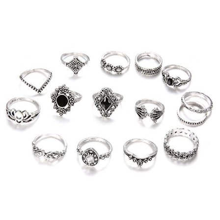 15 st Vintage Silver Joint Knot Rings Set Kvinnor Bohemian Stapelbara Joint Finger Rings Retro Stone Crystal Stapling Rings