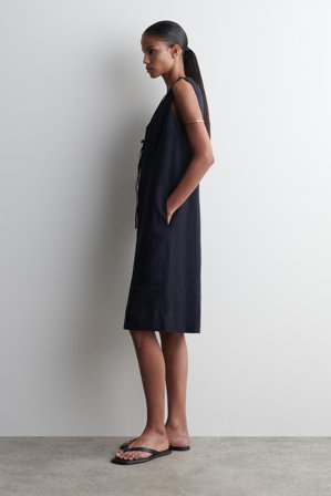 COS Women's Abito Midi In Misto Lino Con Lacci Sul Davanti in Blu