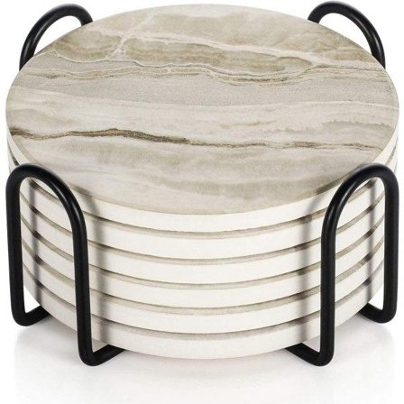 Sett med 6 glassbrikker med holder, absorberende sklisikre keramiske brikker for hjem, kafeer og barer - Marmormønstrede brikker