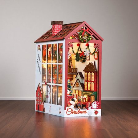 Jultomtens Rum DIY Bokhörn Set DIY Mini Dockhus Set LED-lampor/Musik Skrivbordsdekoration