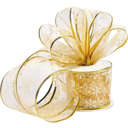 Guld Organza Gavebånd - 10m x 6.3cm Rød Kablet Julebånd med pailletter og snefnug til juledekoration - Brede bånd til jul