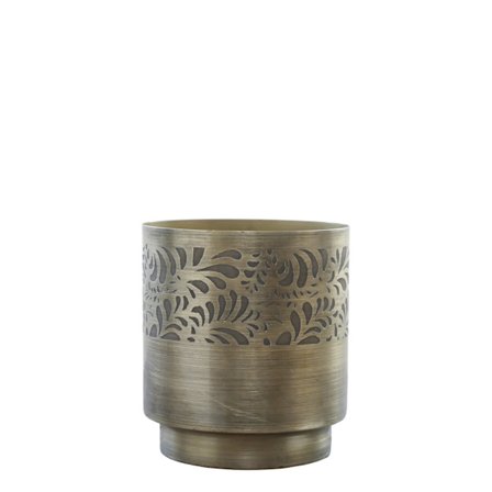 Mönstrad bronsfärgad kruka, 16,5 cm hög och 15 cm i diameter, bronsfärg.