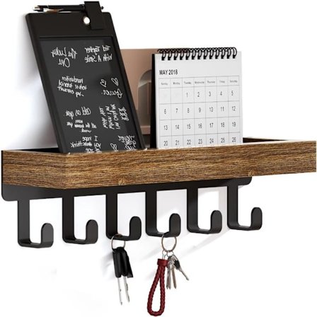 Avaimenperä Hyllyllä - Teollinen Avaintaulu Eteiseen & Keittiöön - Itsekiinnittyvä tai Ruuvit - Postilokero & Järjestäjä - Puu & Metalli Musta - 6 