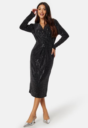 VILA Feste L/S Midi Dress Black AOP: Silver Klær