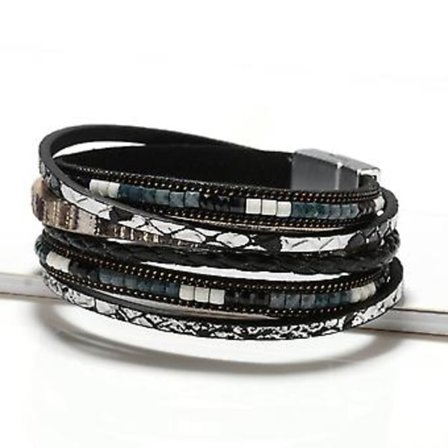 Boho Multilager Läderarmband Herr Dam Armband Bangle Smycken (Svart)