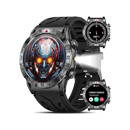 Smarture til mænd, robust militær smartwatch 1.43 Amoled med LED-lommelygte Bluetooth-opkald Besvar/Foretag opkald Smartwatch