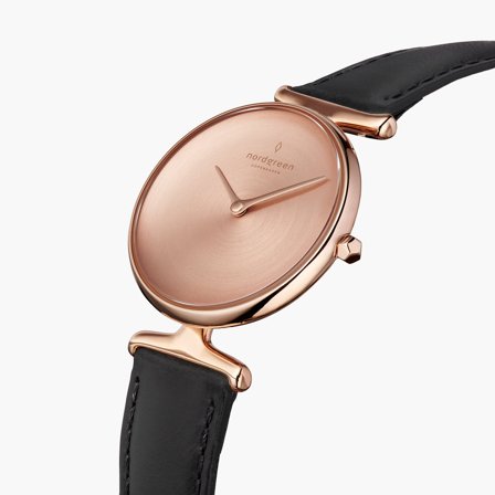 Nordgreen Women's Minimal Classic Danish Watch - Rose Gold Case - Brushed Metal Dial - 32mm Black Leather Strap White Dial Unika