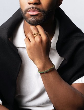 Nialaya Men's Green Woven 8Mm Box Chain Bracelet In Gold - Gold - L