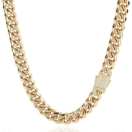 Zirkon Fjäderspänne Hip Hop Titanstål Halsband Rundslipad Krypterad Kubansk Kedja i Rostfritt Stål Herrhalsband (Guld, 18 tum)