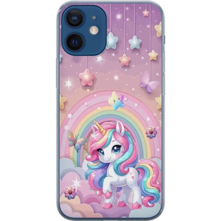 Kompatibel Mobilcover til Apple iPhone 12 mini Magisk enhjørning med regnbue manke, stjerner og sommerfugle mod en pastelfarvet himmel med skyer