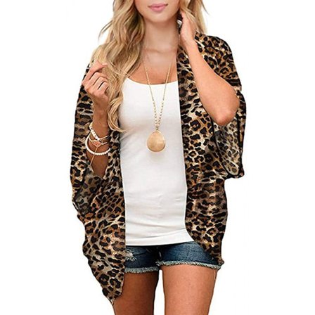 Dames Floral Print Ærme Kimono Cardigan Løs Cover Up Casual Bluse Toppe --- Leopard Print (Størrelse XL)