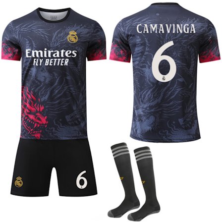 24-25 Real Madrid Dragon Mønster Special Edition Sort Rød Trøje NO.6 CAMAVINGA Trøjer Børn Voksen Fodboldudstyr med Sokker