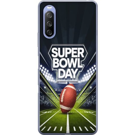 Yhteensopiva Puhelinkuori Sony Xperia 10 III Super Bowl Day juliste, jossa amerikkalainen jalkapallo valaistuksella varustetulla areenalla dramaattise