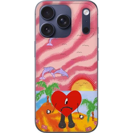 Kompatibelt Mobildeksel til Apple iPhone 17 Pro Bad Bunny i en fargerik quiltet jakke med hjertemønster og solbriller i moderne gatestil