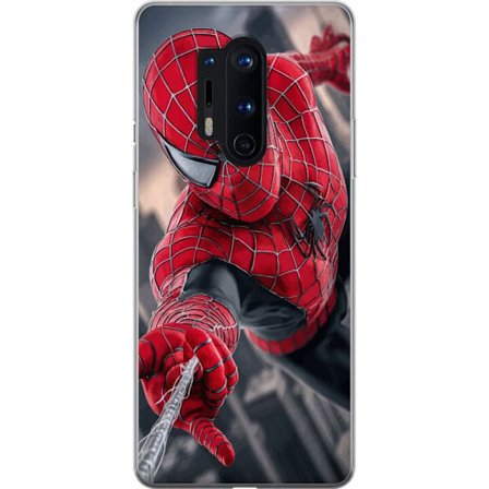 Yhteensopiva Puhelinkuori OnePlus OnePlus 8 Pro Dynaaminen Spider-Man-kuvaus toimintanäkökulmasta, supervoimien teema liikkeen energialla ja elokuva